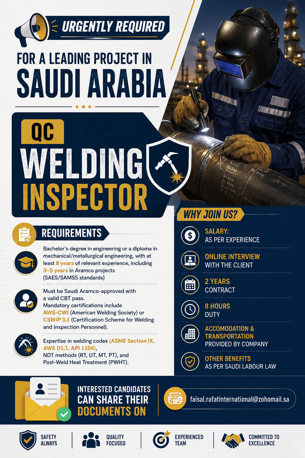 URGENTLY REQUIRED FOR A LEADING PROJECT IN SAUDI ARABIA
