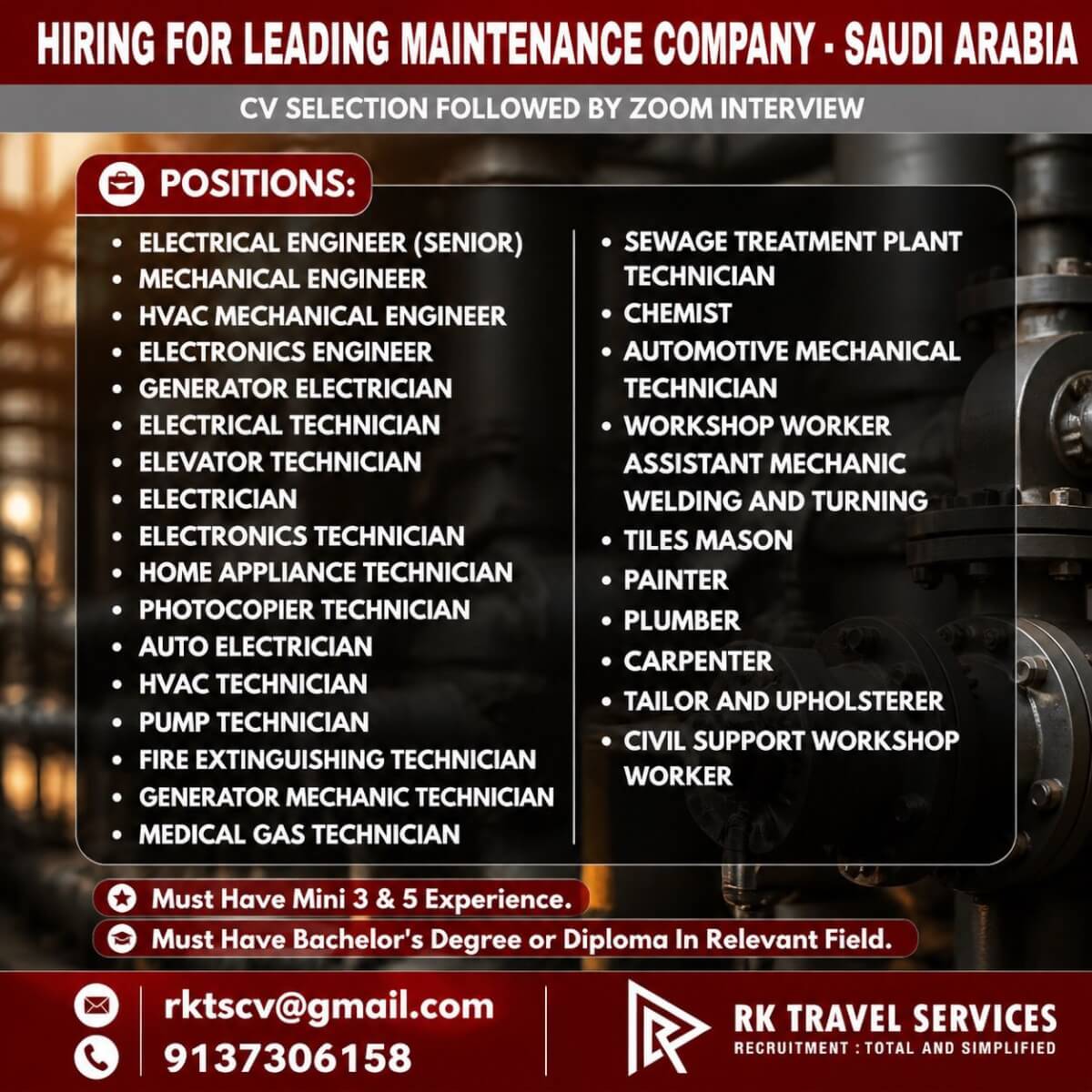 HIRING FOR LEADING MAINTENANCE COMPANY-SAUDI ARABIA HIRING FOR LEADING MAINTENANCE COMPANY-SAUDI ARABIA