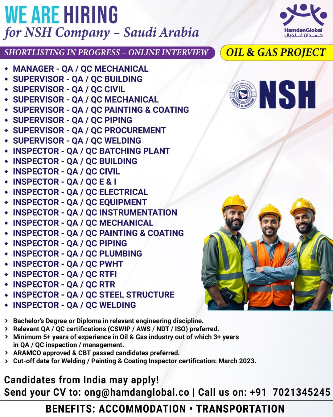 Urgent Requirement for NSH Company in KSA Urgent Requirement for NSH Company in KSA