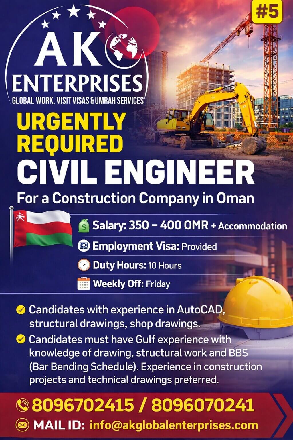 Required Civil Engineer for a Construction Company in Oman Required Civil Engineer for a Construction Company in Oman