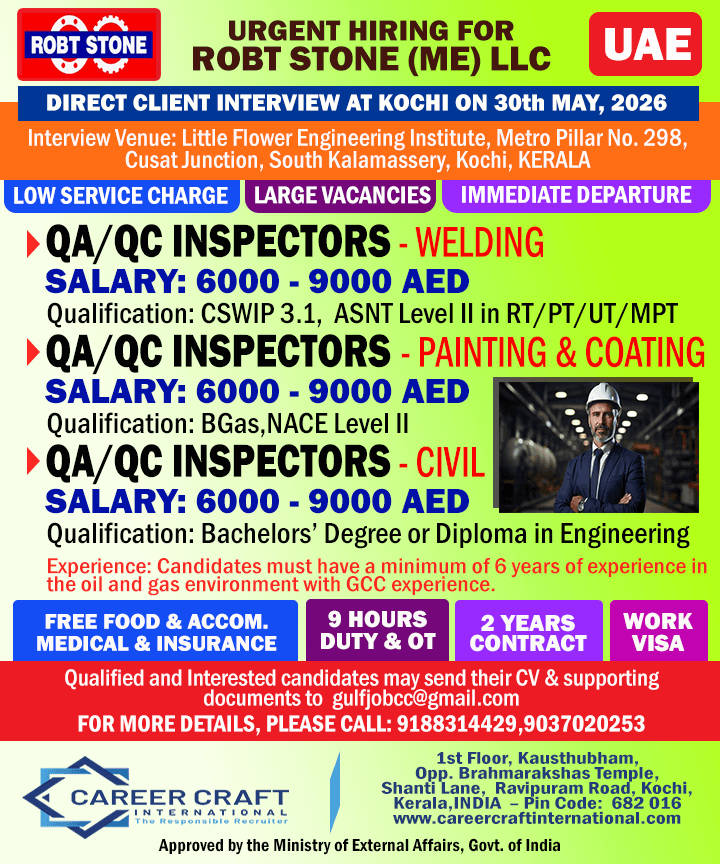 Client Interview at Kochi on 30th May, 2026 for Robt Stone, Abu Dhabi -
