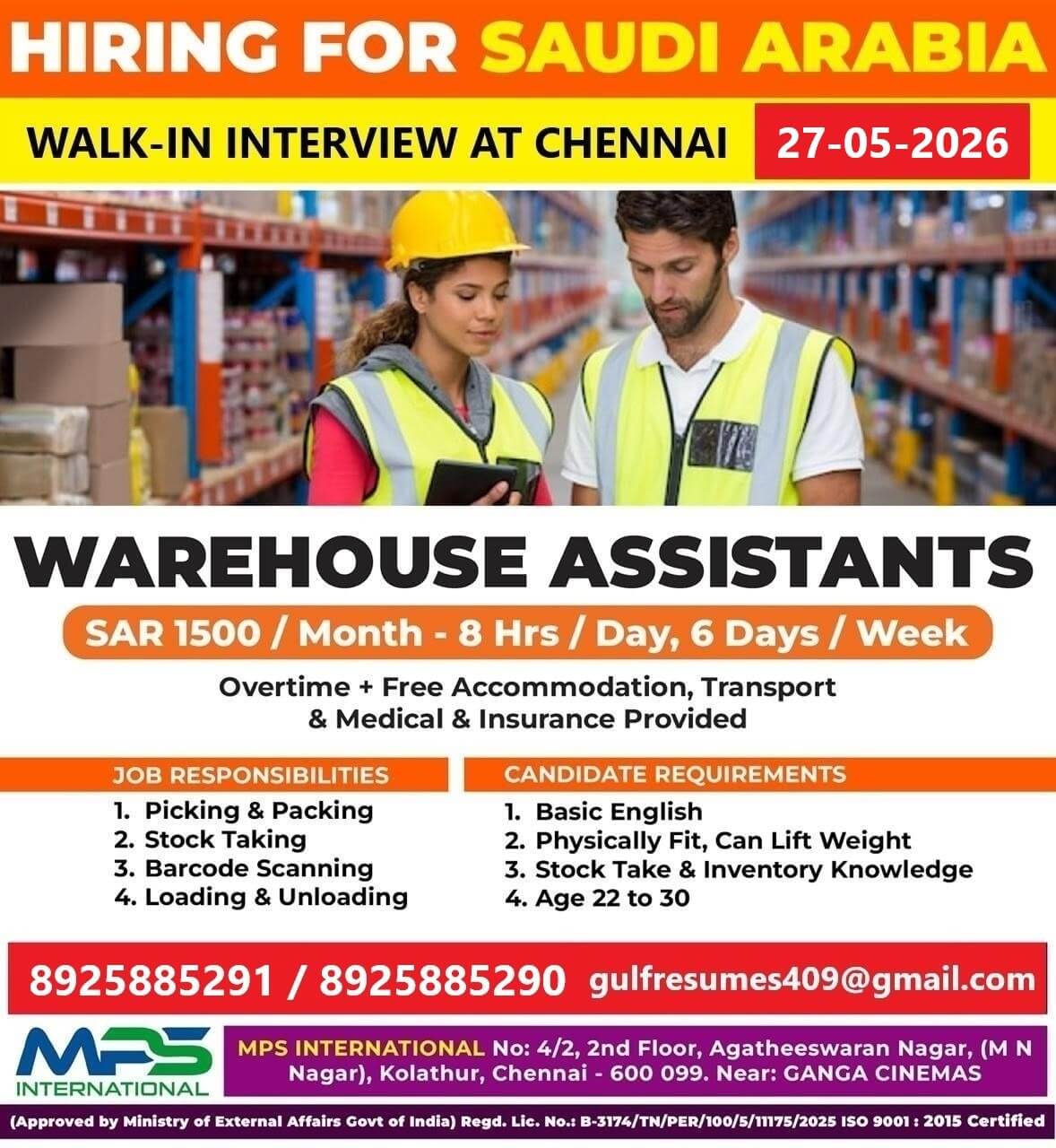 HIRING FOR SAUDI ARABIA WALK-IN INTERVIEW IN CHENNAI ON 27-05-2026