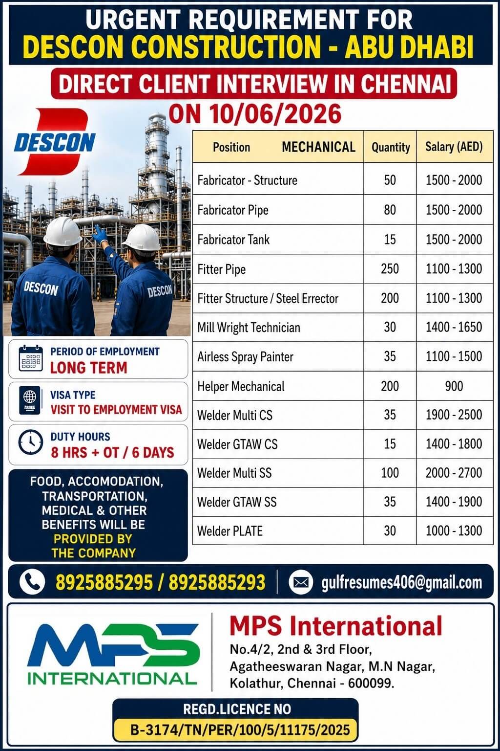 URGENT REQUIREMENT FOR DESCON CONSTRUCTION – ABU DHABI DIRECT CLIENT INTERVIEW IN CHENNAI ON 10/06/2026