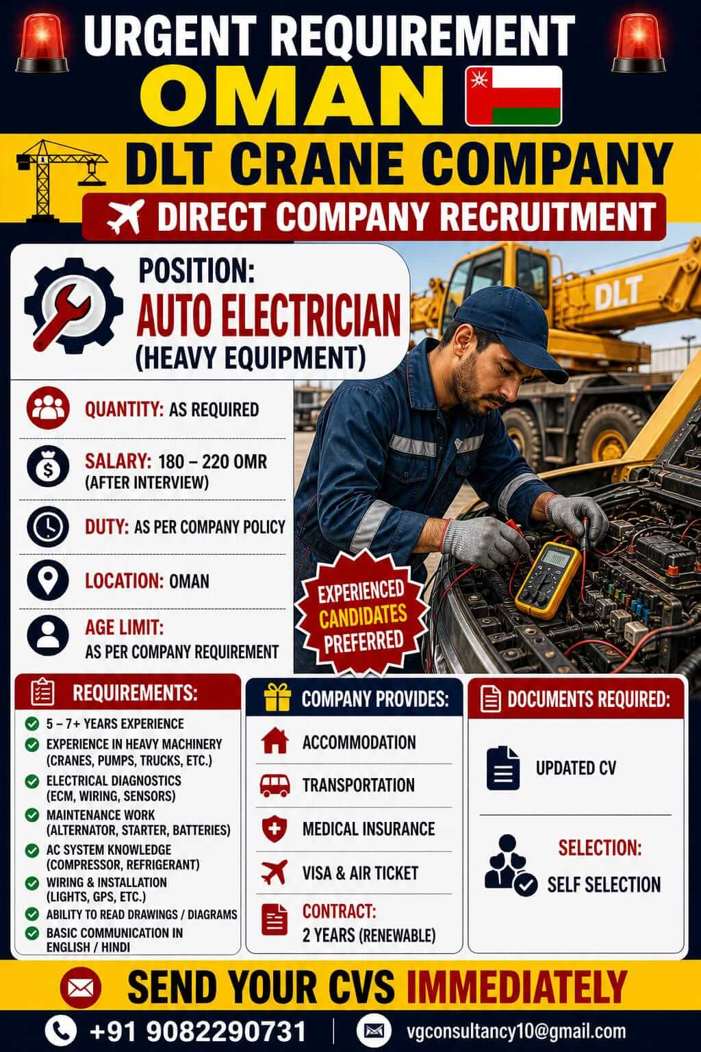 URGENT REQUIREMENT – OMAN  DLT CRANE COMPANY  DIRECT COMPANY RECRUITMENT  POSITION: AUTO ELECTRICIAN (HEAVY EQUIPMENT)