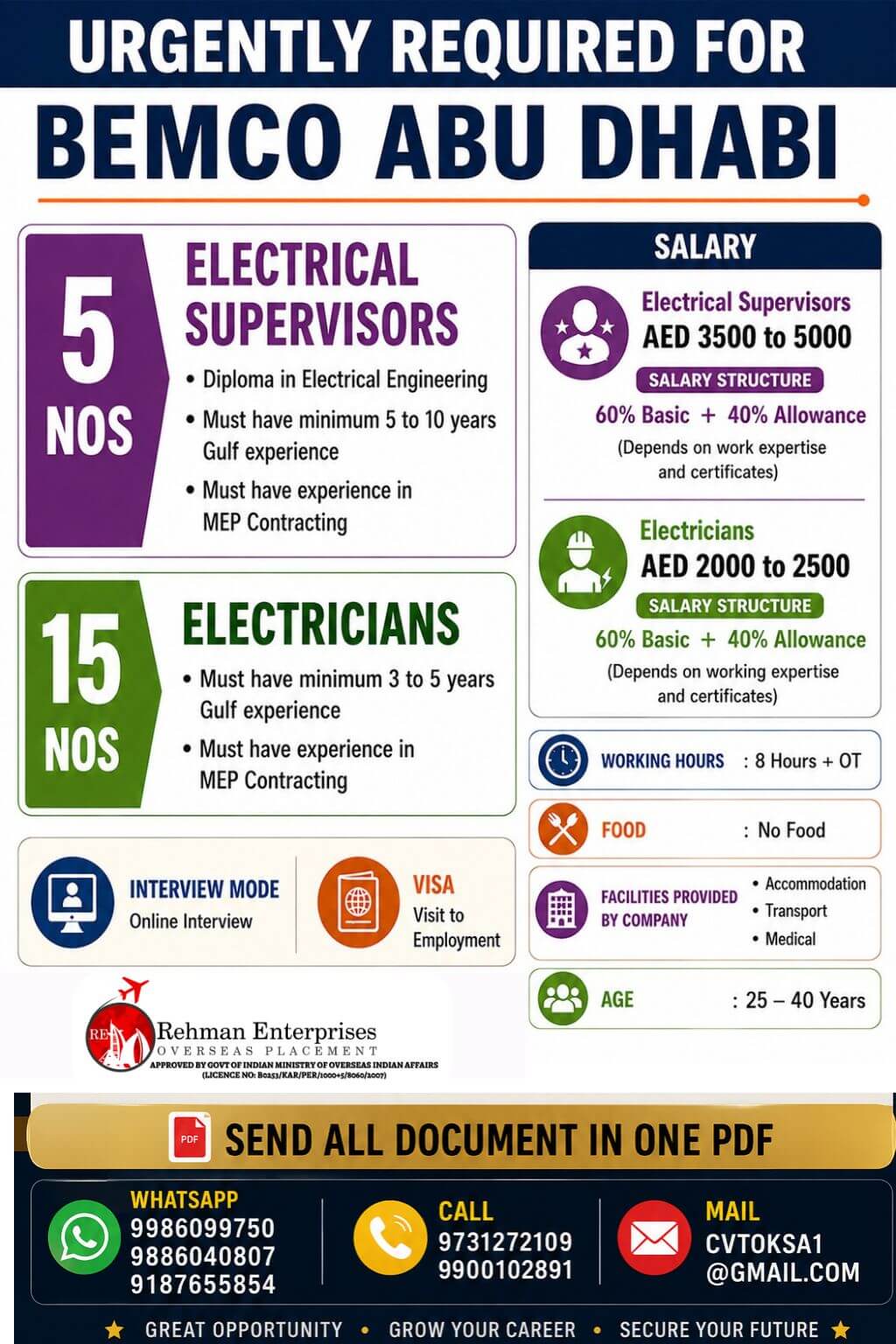 URGENT REQUIRED FOR BEMCO ABU DHABI