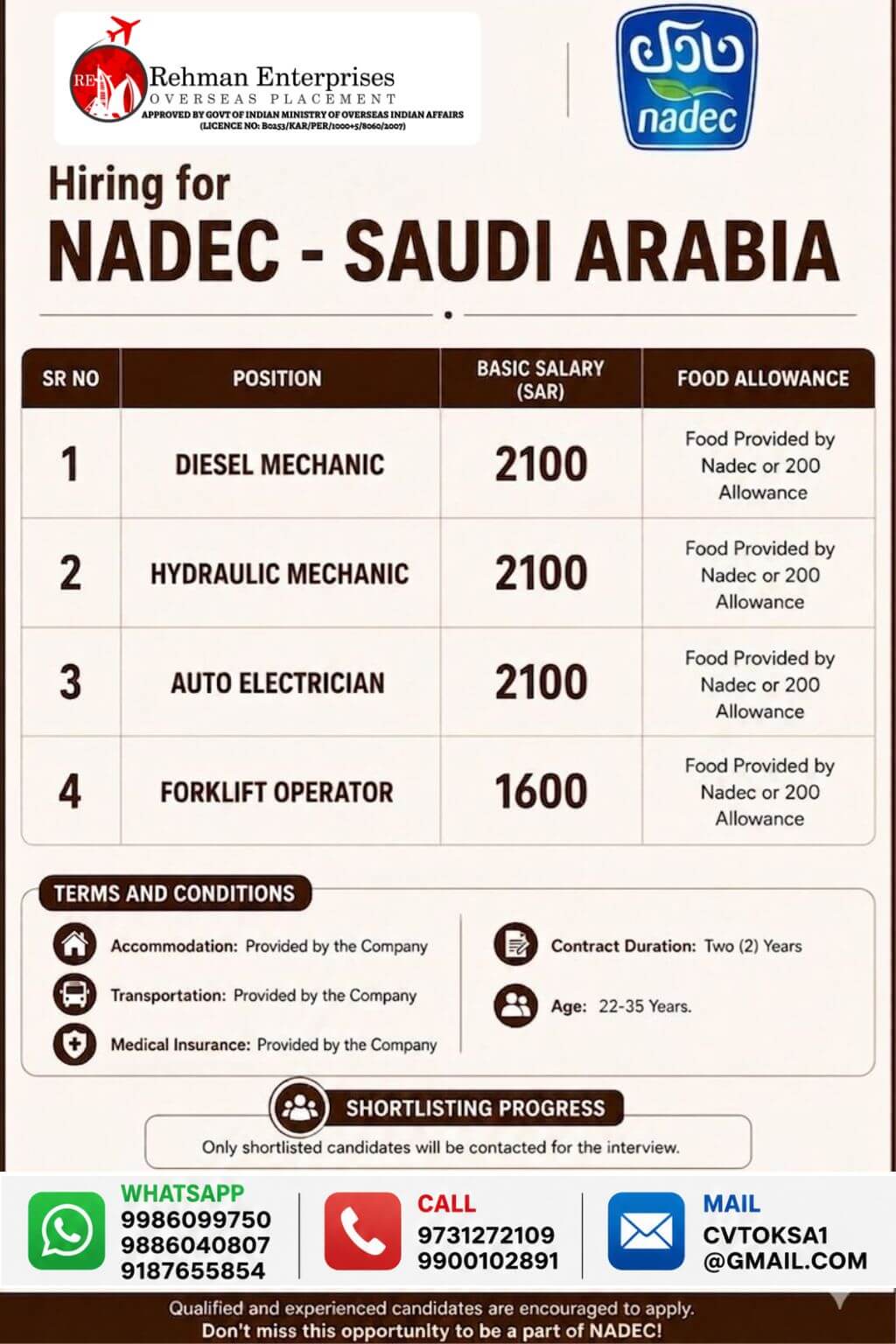 URGENT HIRING FOR NADCO-SAUDI ARABIA