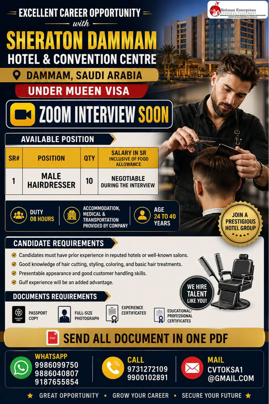 URGENT HIRING FOR SHERATON DAMMAM HOTEL & CONVENTION CENTER SAUDI ARABIA