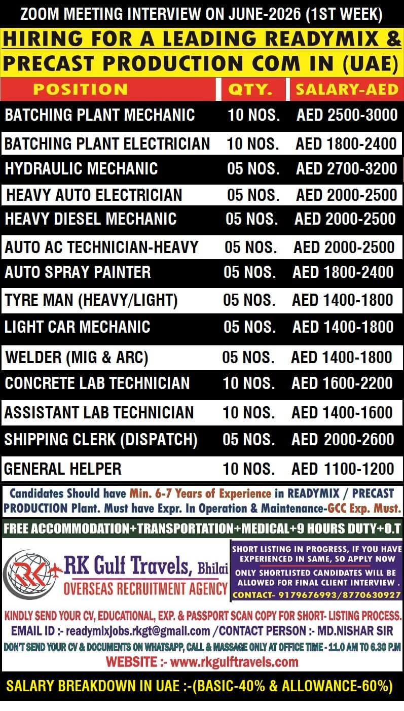 HIRING FOR A LEADING READY MIX COMPANY - ABU DHABI (UAE). HIRING FOR A LEADING READY MIX COMPANY - ABU DHABI (UAE).