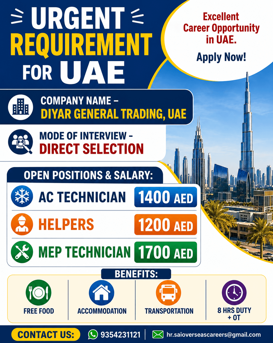 Urgent Hiring for UAE – Direct Selection
