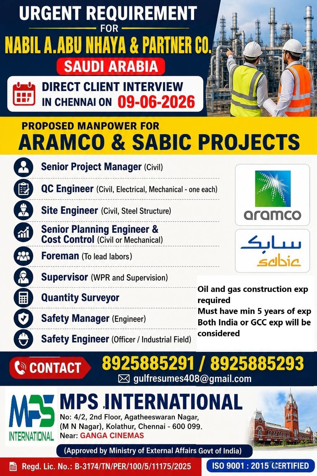 URGENT REQUIREMENT FOR NABIL A. ABU NHAYA & PARTNER CO. SAUDI ARABIA DIRECT CLIENT INTERVIEW IN CHENNAI ON 09-06-2026 URGENT REQUIREMENT FOR NABIL A. ABU NHAYA & PARTNER CO. SAUDI ARABIA DIRECT CLIENT INTERVIEW IN CHENNAI ON 09-06-2026