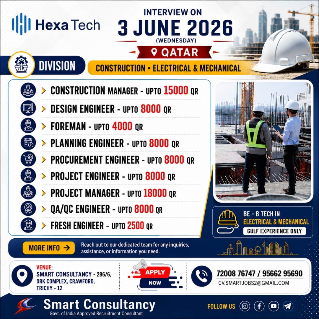 Qatar Jobs 2026 | Hexa Tech Hiring Construction, Electrical & Mechanical Engineers | Direct Interview on 3 JUNE in Trichy Qatar Jobs 2026 | Hexa Tech Hiring Construction, Electrical & Mechanical Engineers | Direct Interview on 3 JUNE in Trichy