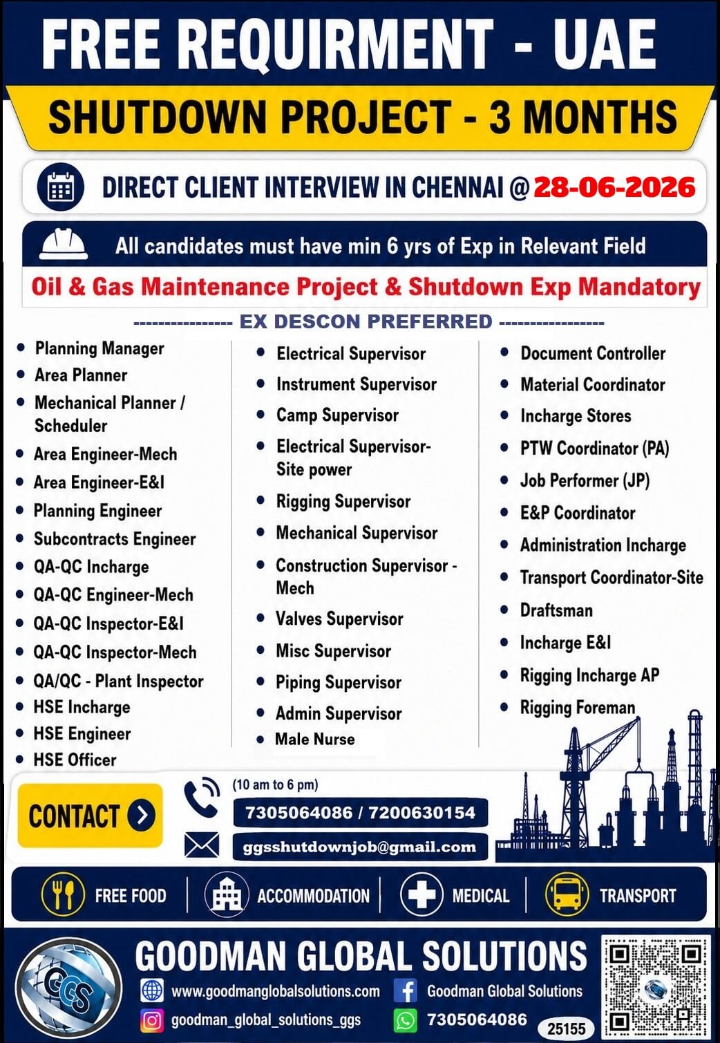 FREE REQUIREMENT - UAE - SHUTDOWN PROJECT DIRECT CLIENT INTERVIEW IN CHENNAI ON 28-06-2026 FREE REQUIREMENT - UAE - SHUTDOWN PROJECT DIRECT CLIENT INTERVIEW IN CHENNAI ON 28-06-2026