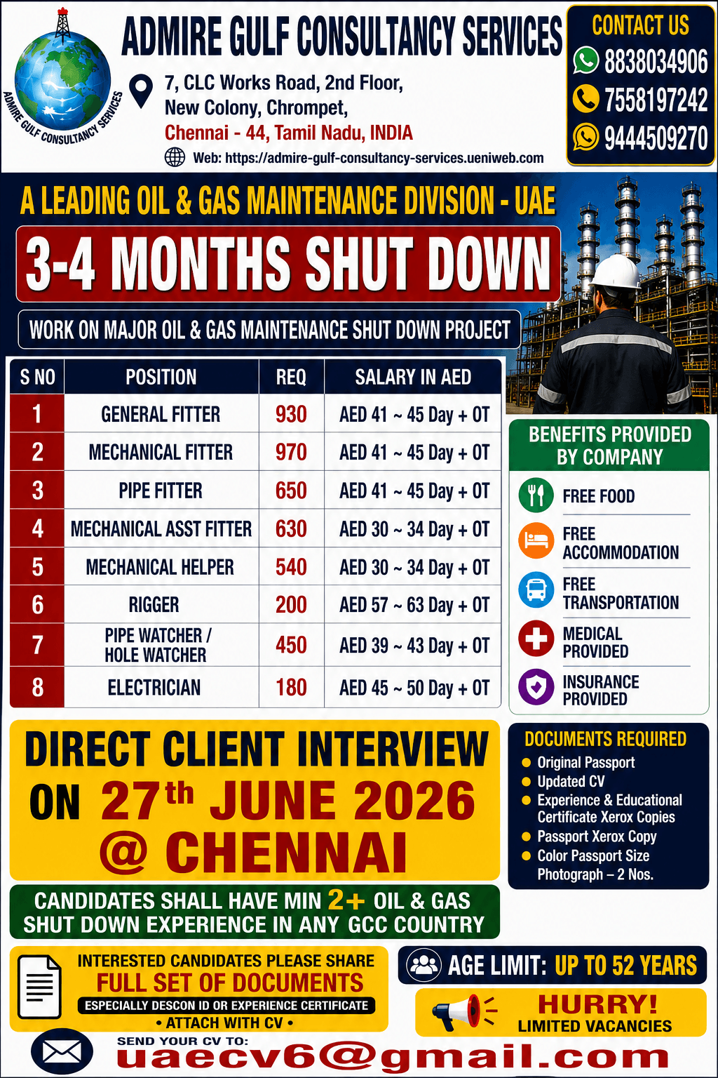 A LEADING OIL & GAS COMPANY - UAE . 3-4 MONTHS SHUT DOWN. DIRECT DIRECT INTERVIEW ON 27th JUNE 2026 @ CHENNAI . A LEADING OIL & GAS COMPANY - UAE . 3-4 MONTHS SHUT DOWN. DIRECT DIRECT INTERVIEW ON 27th JUNE 2026 @ CHENNAI .