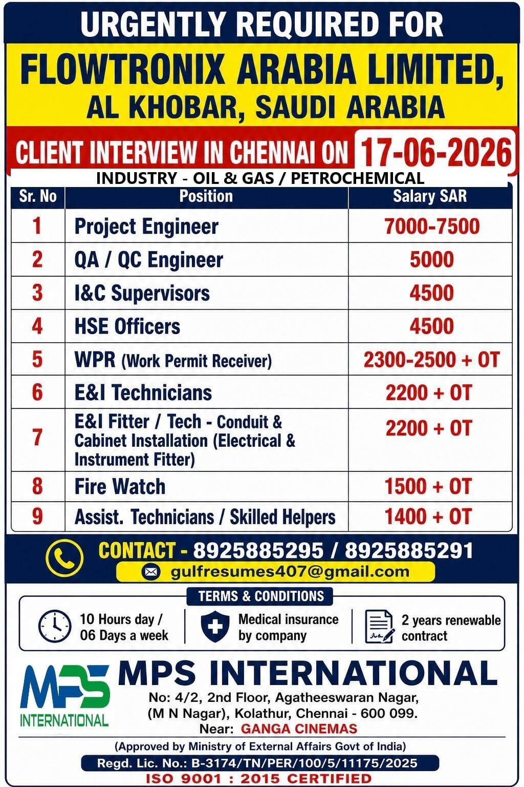 URGENTLY REQUIRED FOR FLOWTRONIX ARABIA LIMITED, AL KHOBAR, SAUDI ARABIA CLIENT INTERVIEW IN CHENNAI ON 17-06-2026 URGENTLY REQUIRED FOR FLOWTRONIX ARABIA LIMITED, AL KHOBAR, SAUDI ARABIA CLIENT INTERVIEW IN CHENNAI ON 17-06-2026