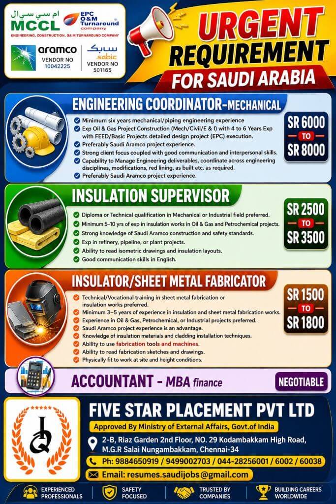 URGENT REQUIREMENT FOR SAUDI ARABIA