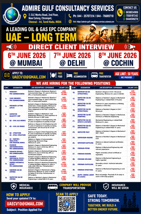 A LEADING OIL & GAS COMPANY - UAE -LONG TERM . DIRECT CLIENT INTERVIEW ON 6TH JUNE 2026 @ MUMBAI , 7TH JUNE 2026 @ DELHI, 8TH JUNE 2026 @ COCHIN A LEADING OIL & GAS COMPANY - UAE -LONG TERM . DIRECT CLIENT INTERVIEW ON 6TH JUNE 2026 @ MUMBAI , 7TH JUNE 2026 @ DELHI, 8TH JUNE 2026 @ COCHIN