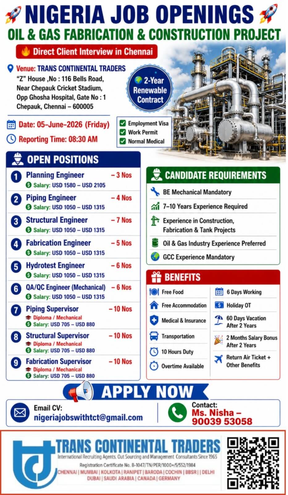 HIRING FOR NIGERIA OIL AND GAS FABRICATION & CONSTRUCTION PROJECT | CLIENT INTERVIEW IN CHENNAI 05-06-2026 HIRING FOR NIGERIA OIL AND GAS FABRICATION & CONSTRUCTION PROJECT | CLIENT INTERVIEW IN CHENNAI 05-06-2026