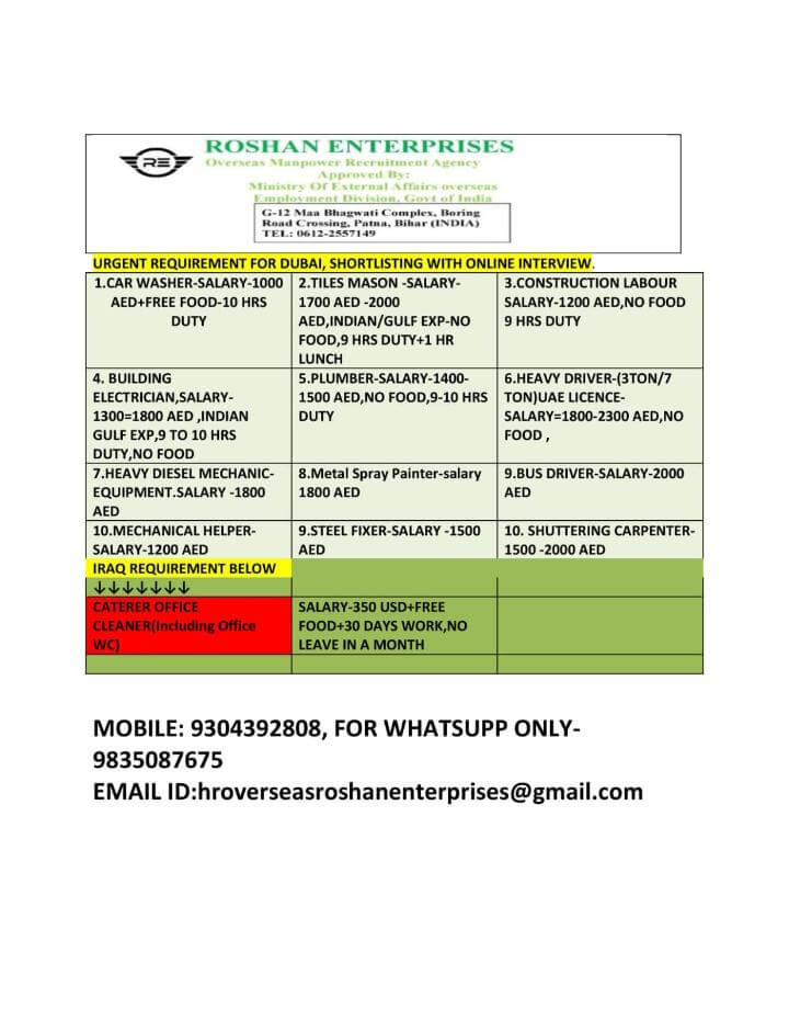URGENT REQUIREMENT FOR DUBAI & IRAQ URGENT REQUIREMENT FOR DUBAI & IRAQ