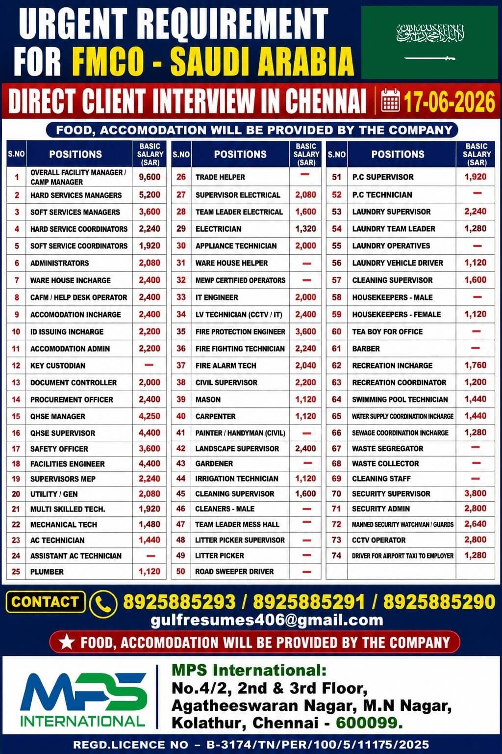 URGENT REQUIREMENT FOR FMCO - SAUDI ARABIA DIRECT CLIENT INTERVIEW IN CHENNAI ON 17-06-2026