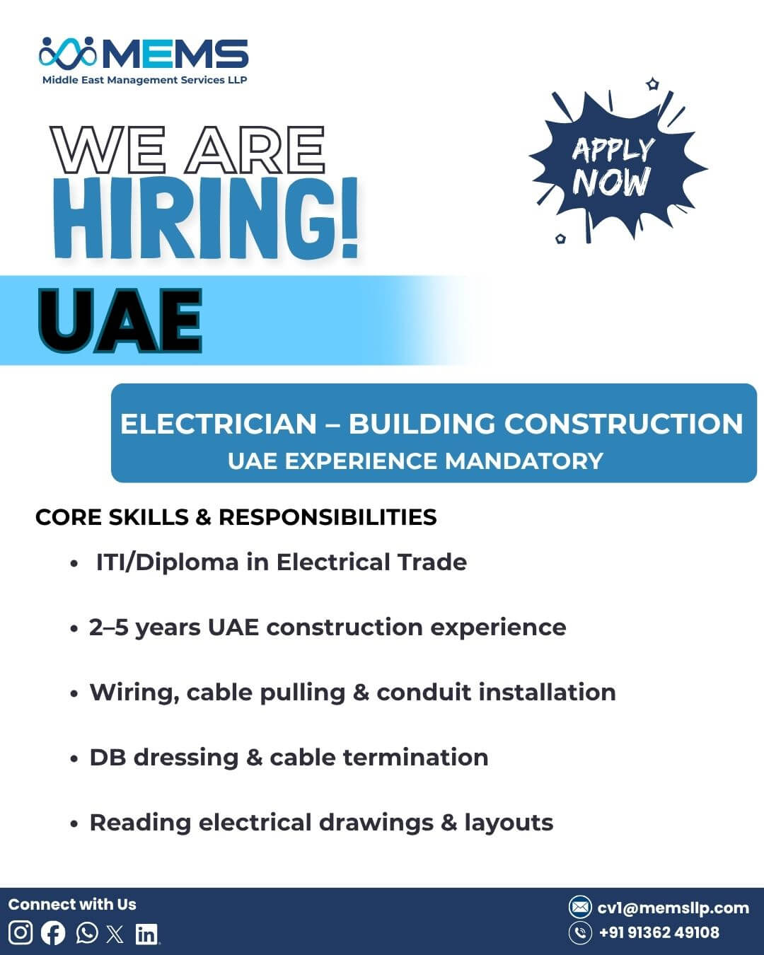 hiring for Electricians – Building Construction for UAE . hiring for Electricians – Building Construction for UAE .