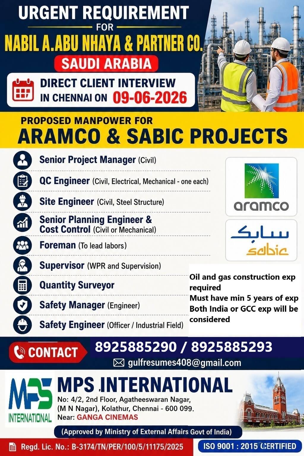 URGENT REQUIREMENT FOR NABIL A. ABU NHAYA & PARTNER CO. SAUDI ARABIA DIRECT CLIENT INTERVIEW IN CHENNAI ON 09-06-2026
