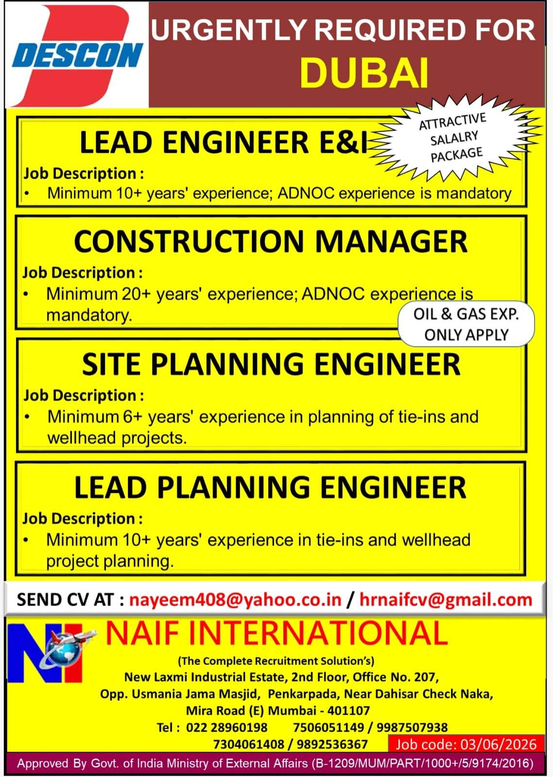 URGENTLY REQUIRED FOR DUBAI
