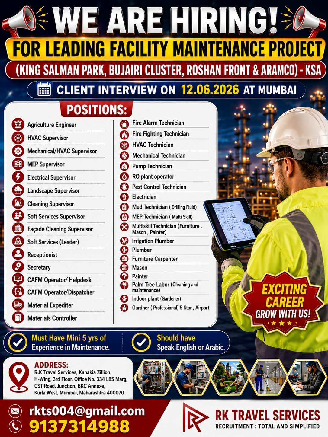 WE ARE HIRING! FOR LEADING FACILITY MAINTENANCE PROJECT (KING SALMAN PARK, BUJAIRI CLUSTER, ROSHAN FRONT & ARAMCO) - KSA