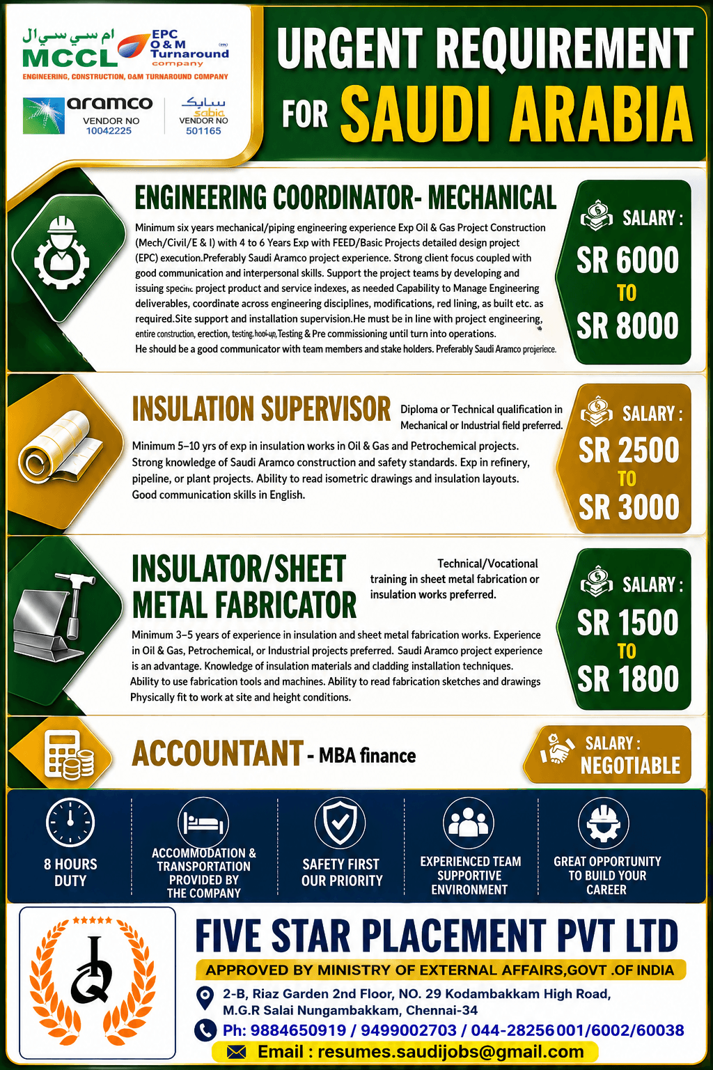 URGENT REQUIREMENT FOR SAUDI ARABIA