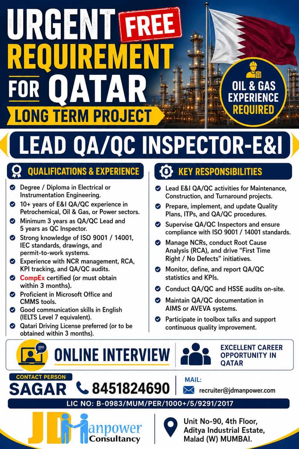 UERGENT FREE REQUREMENT FOR QATAR LONG TERM PROJECT
