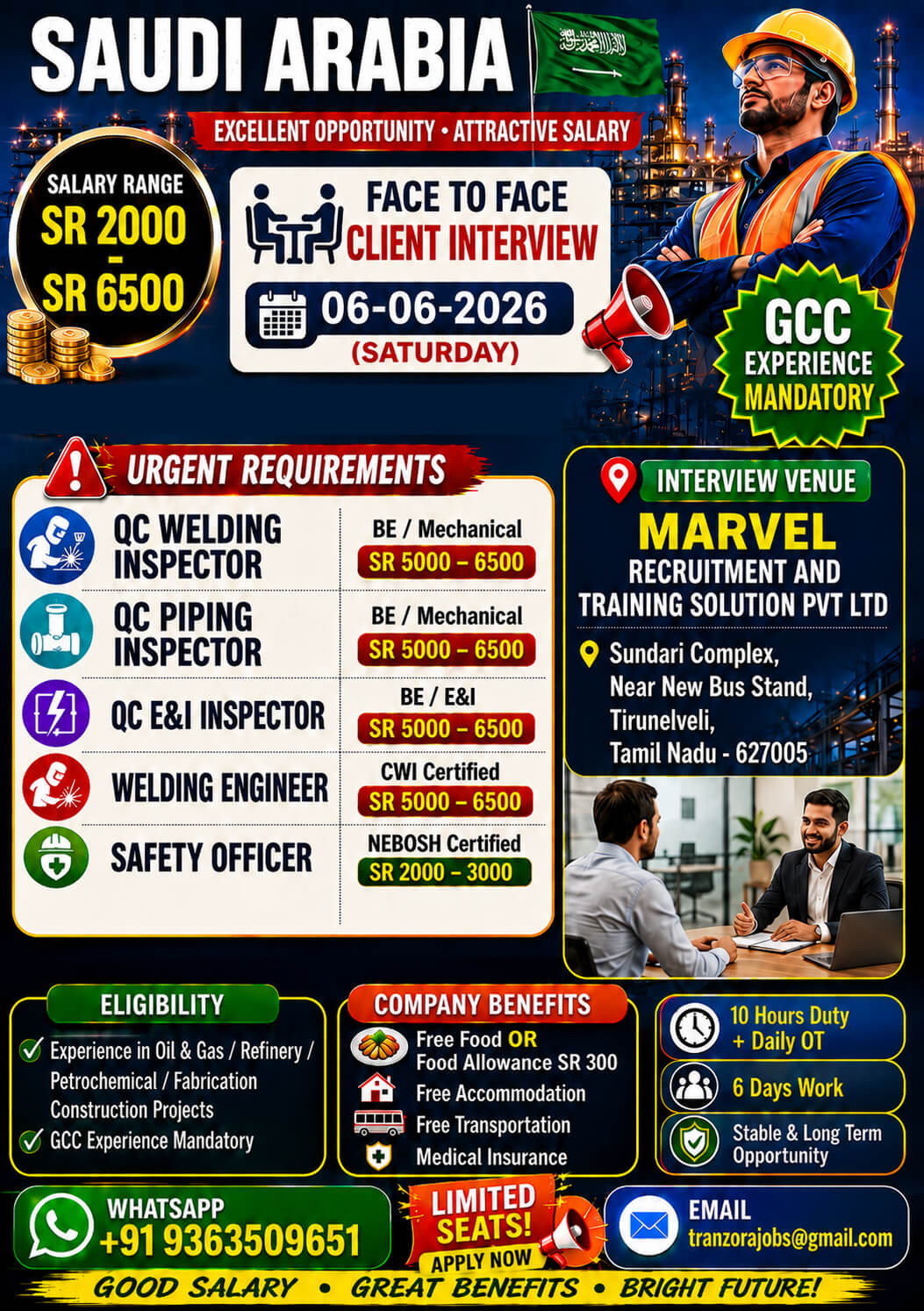 WELDING INSPECTOR, PIPING INSPECTOR, E&I INSPECTOR - GAS ARABIAN