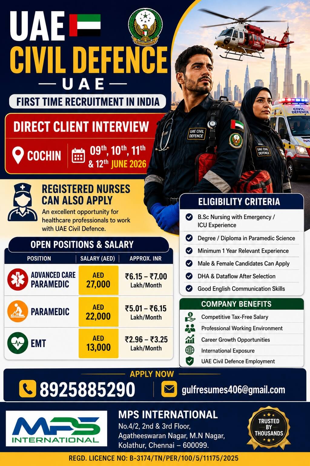 UAE CIVIL DEFENCE – UAE  FIRST TIME RECRUITMENT IN INDIA  DIRECT CLIENT INTERVIEW  ? COCHIN ? 09th, 10th, 11th & 12th June 2026