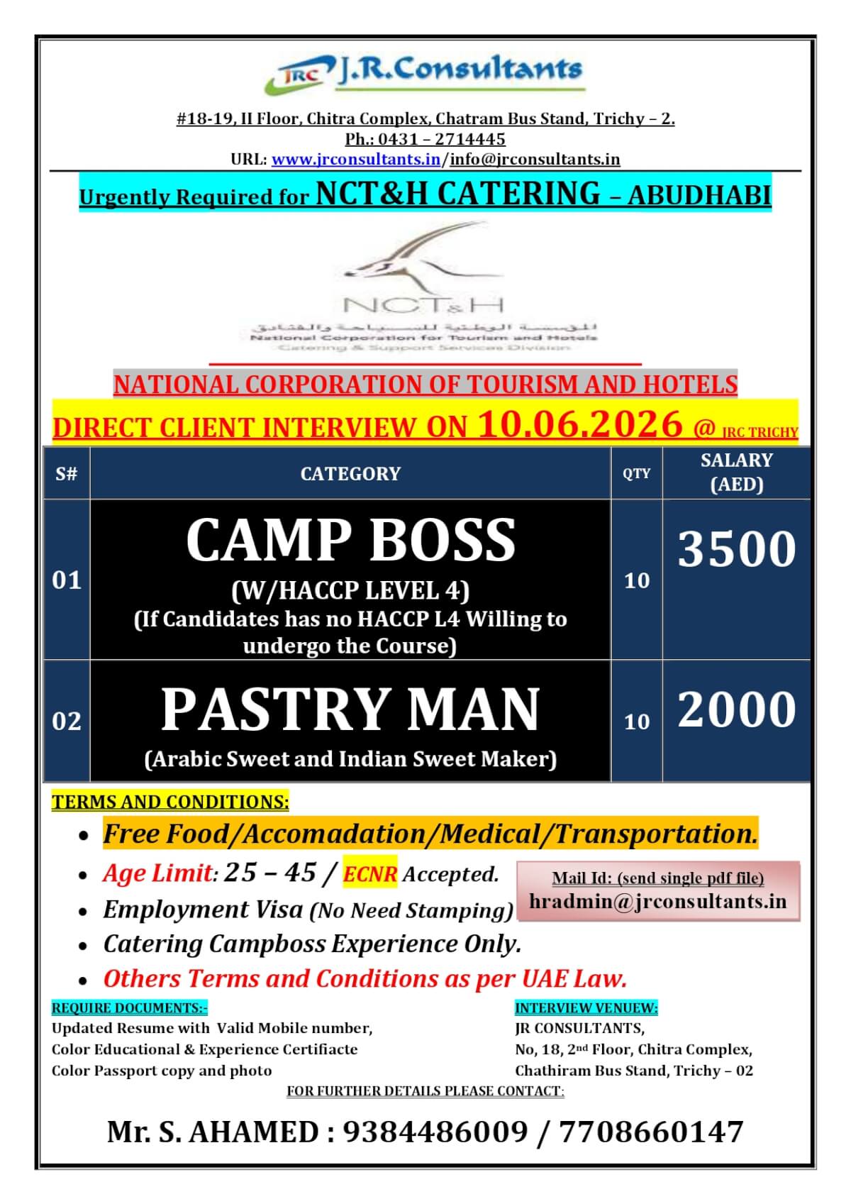 URGENTLY REQUIRED FOR A LEADING CATERING COMPANY NCT&H IN ABUDHABI A DIRECT CLIENT INTERVIEW ON 10.06.2026 @ TRICHY