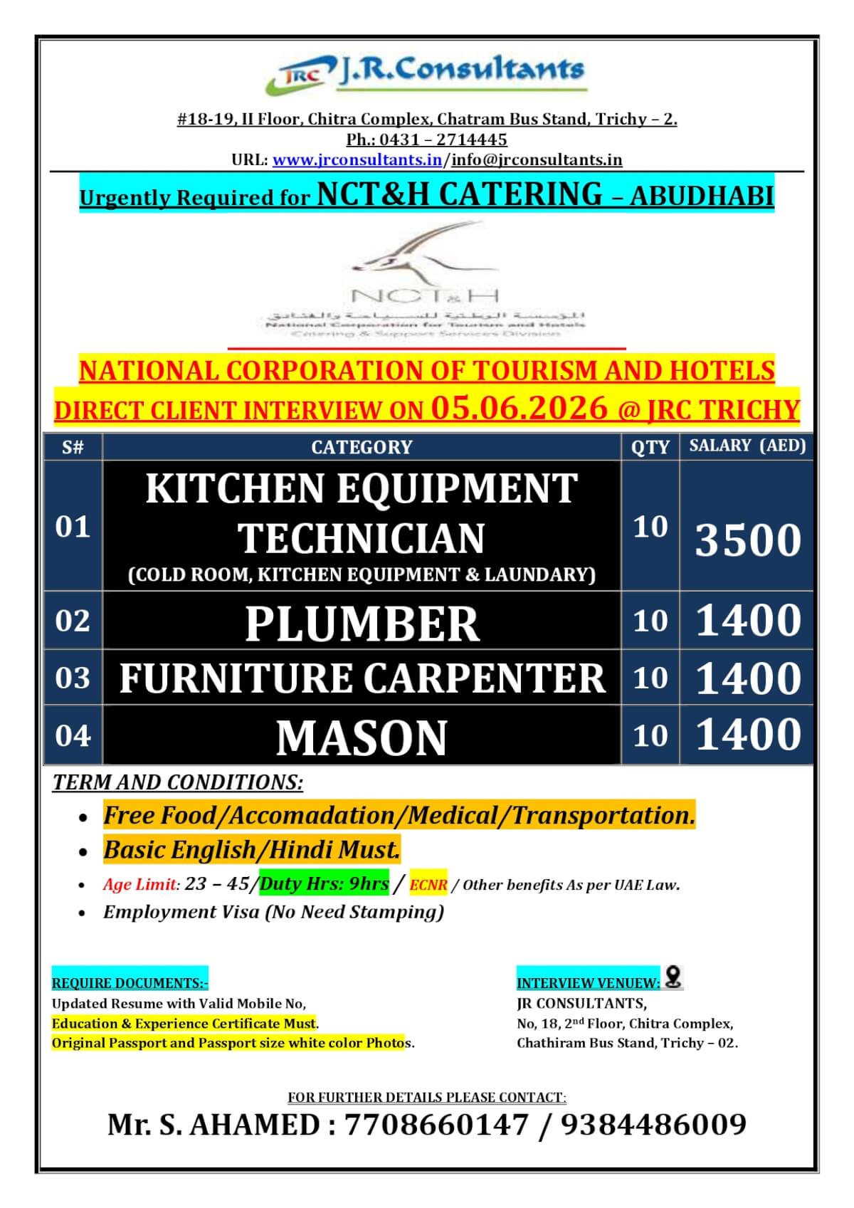 URGENTLY REQUIRED FOR A LEADING CATERING COMPANY NCT&H IN ABUDHABI A DIRECT CLIENT INTERVIEW ON 05.06.2026 @ TRICHY