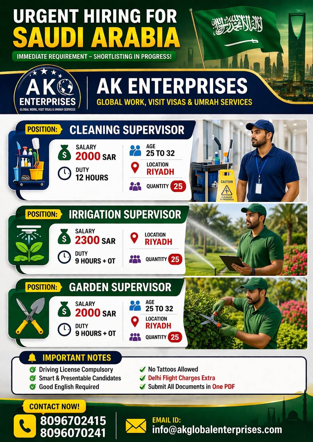 Urgently requirement for Saudi Arabia- Multiples Supervisor