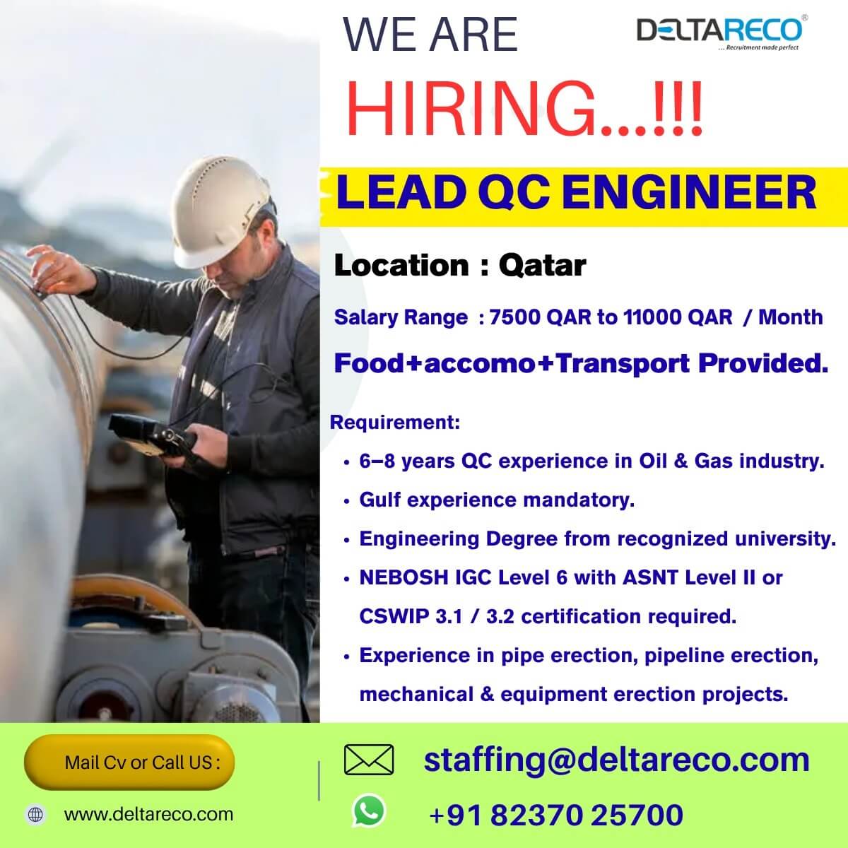 QC Engineer  Urgently Required for a Longterm Qatar Project