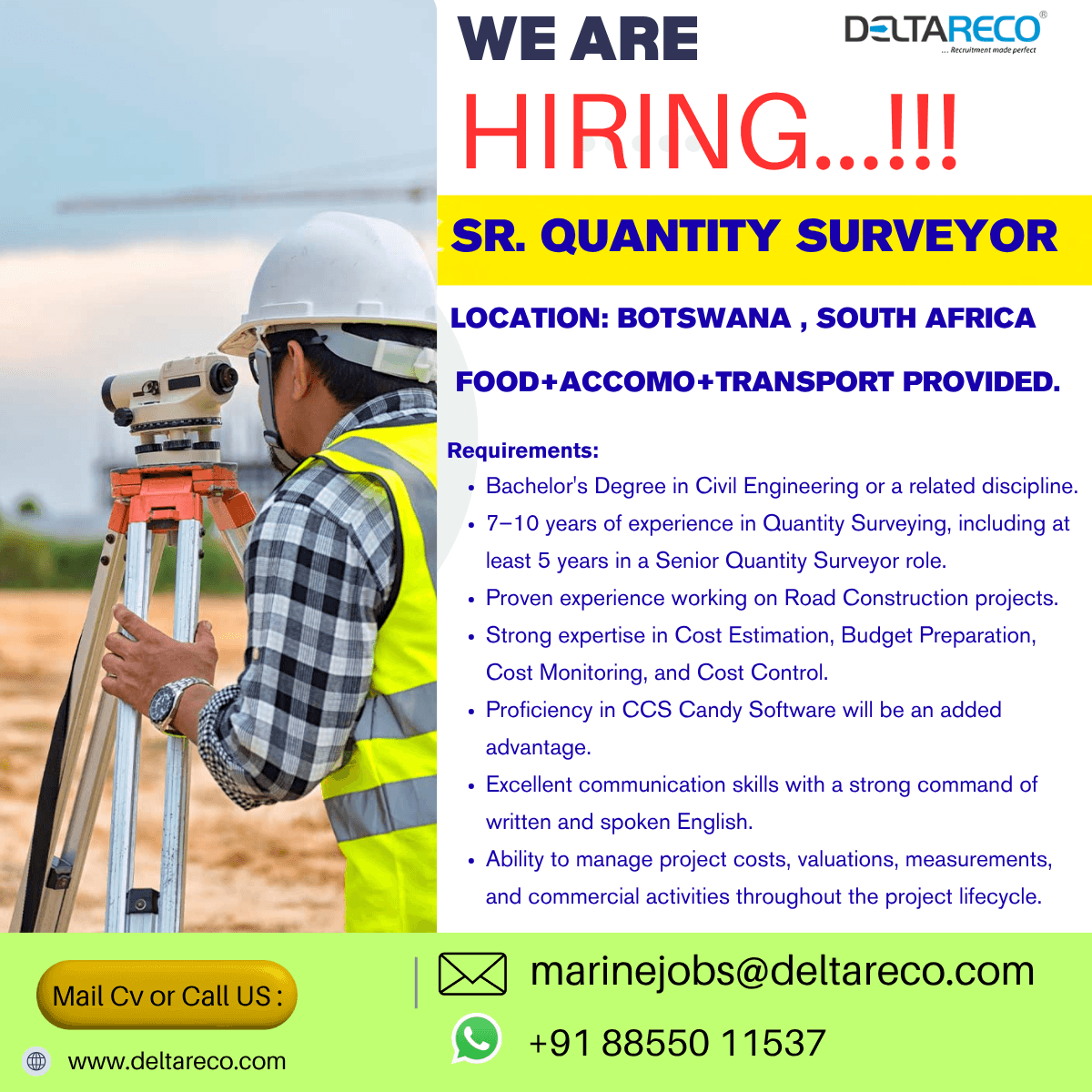 Hiring  Senior Quantity Surveyor CiVil Engineer for   South Africa