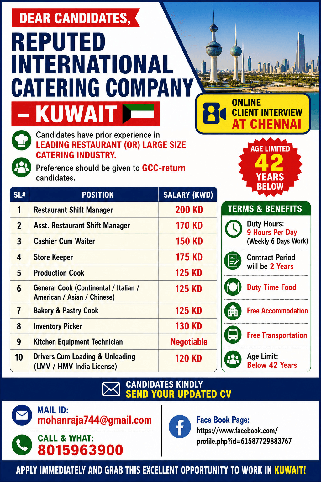 REQUIREMENTS FOR “REPUTED INTERNATIONAL CATERING COMPANY” - KUWAIT  -  ONLINE CLIENT INTERVIEW AT CHENNAI