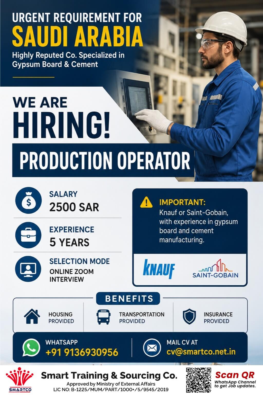 Highly Reputed Company Specialized in Gypsum Board & Cement URGENT REQUIREMENT FOR SAUDI ARABIA