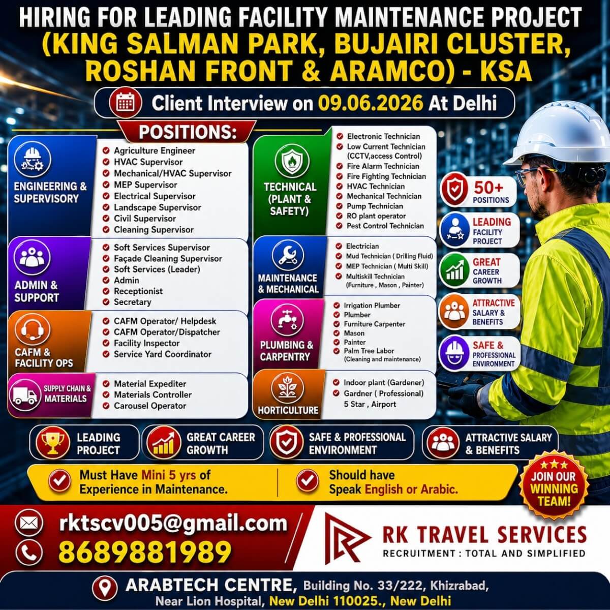 WE ARE HIRING! FOR LEADING FACILITY MAINTENANCE PROJECT (KING SALMAN PARK, BUJAIRI CLUSTER, ROSHAN FRONT & ARAMCO) - KSA