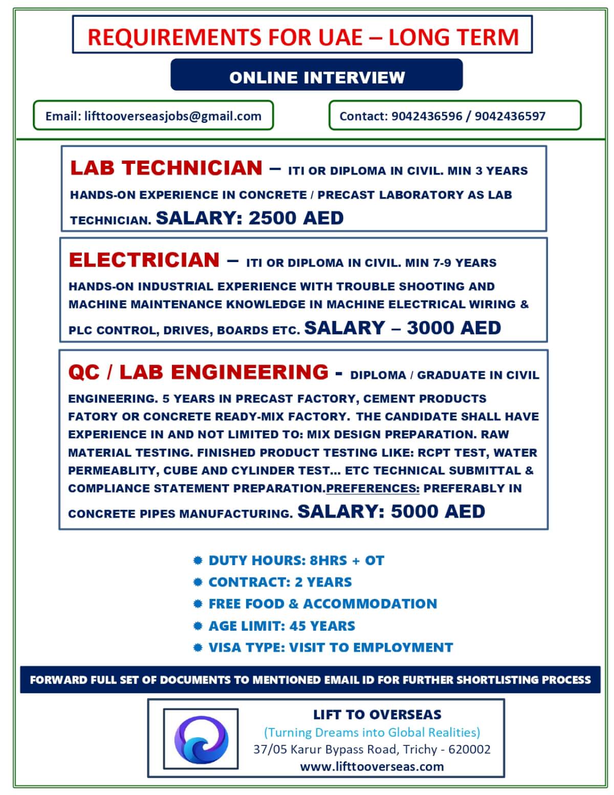 LAB TECHNICIAN ,ELECTRICIAN ,QC / LAB ENGINEERING