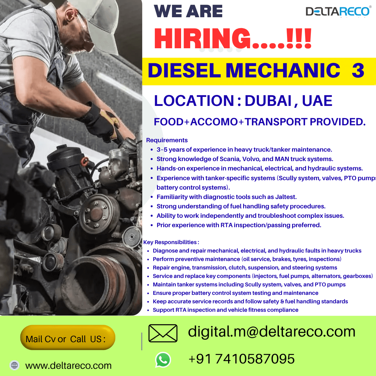 Hiring Diesel Mechanic for Dubai UAE with Good Salary and Overall Benefits