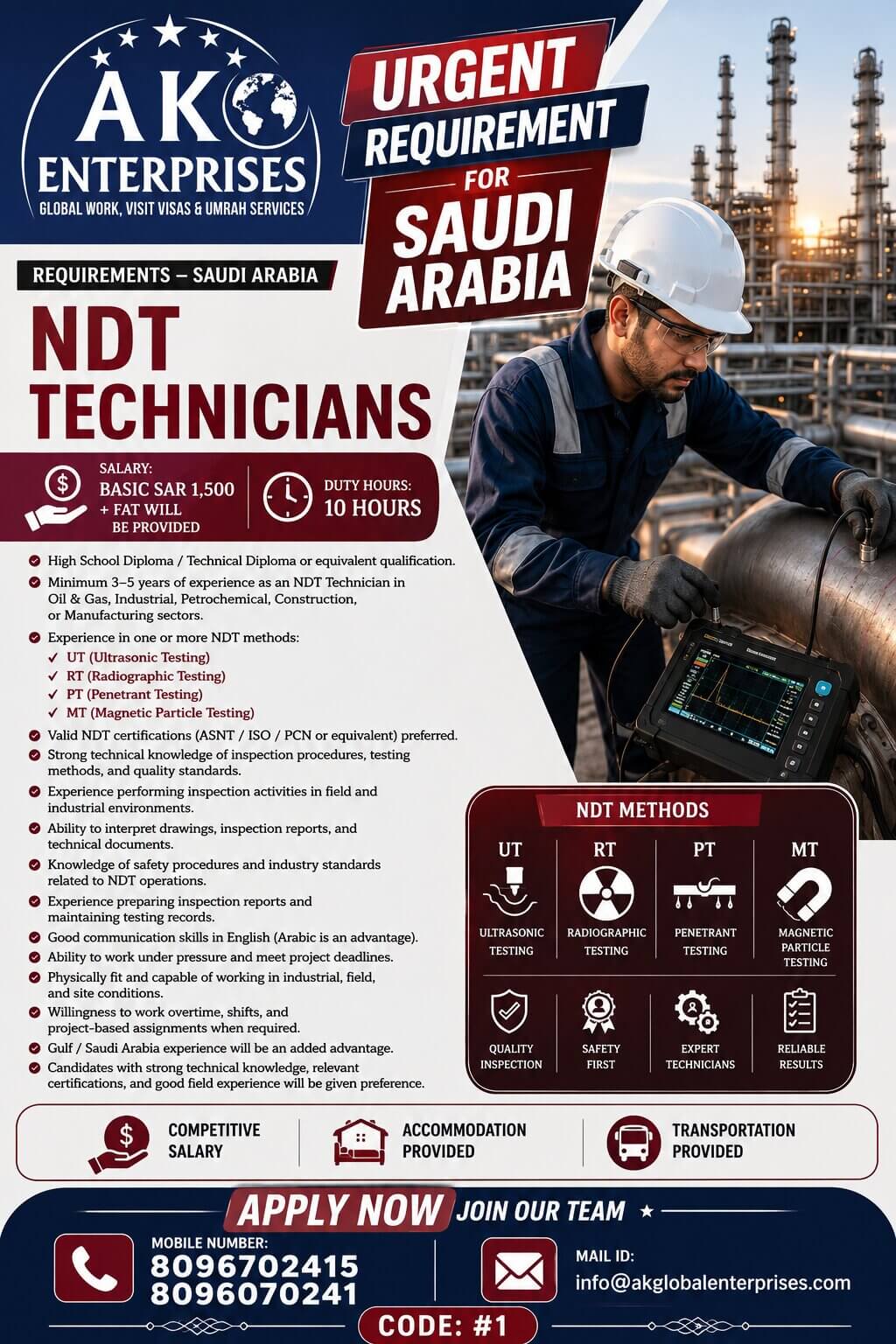 Urgently Hiring for NDT Technician for Saudi Arabia