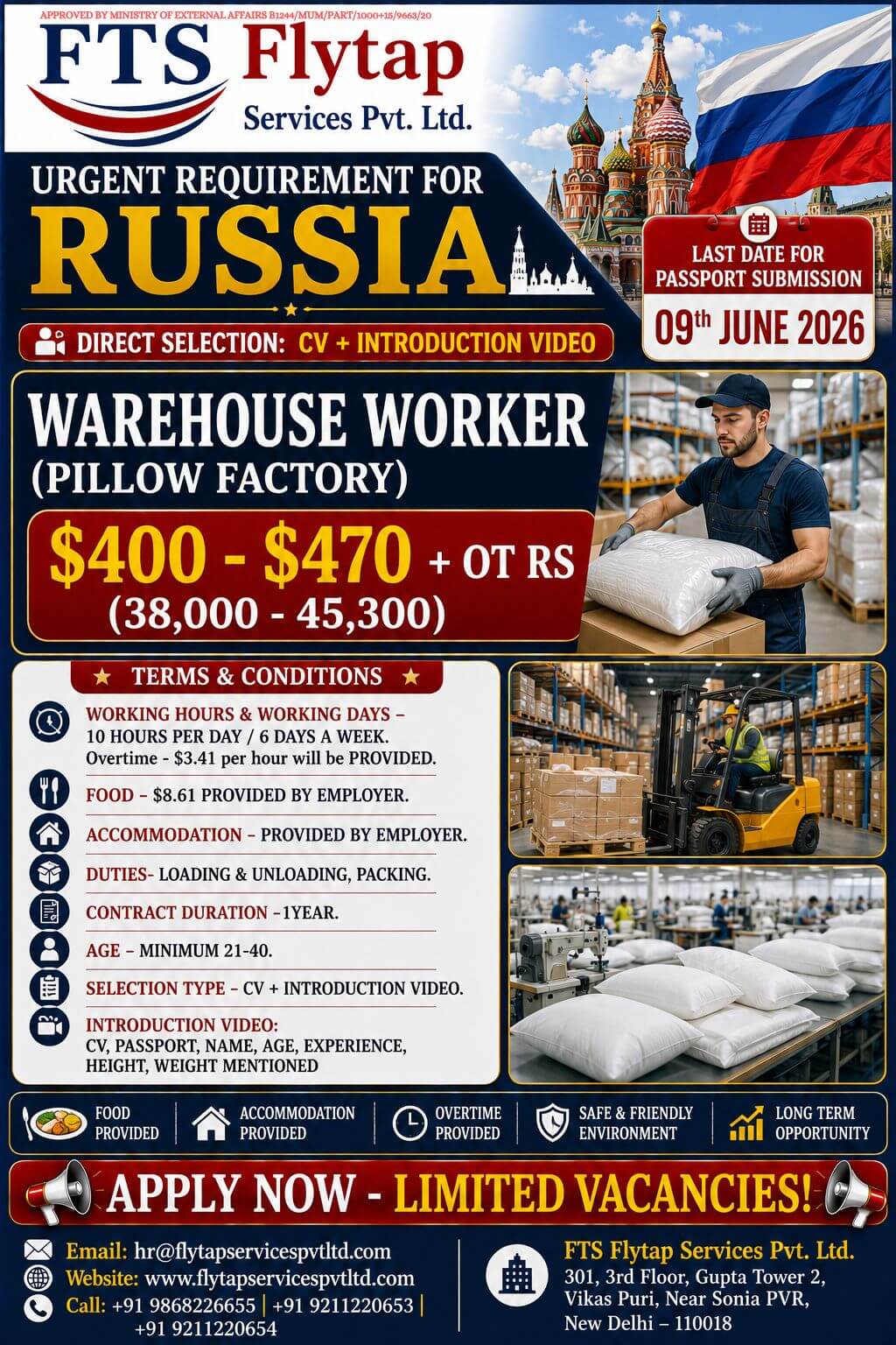 ?? URGENT HIRING FOR RUSSIA – WAREHOUSE WORKER (PILLOW FACTORY)