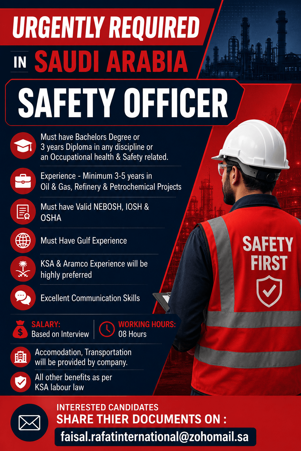 Urgently Required Safety Officers for Saudi Arabia Urgently Required Safety Officers for Saudi Arabia