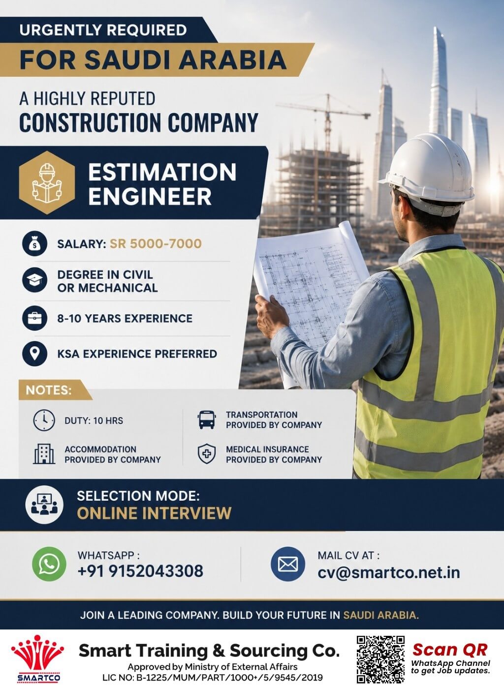 URGENTLY REQUIRED FOR SAUDI ARABIA A Highly Reputed Construction Company