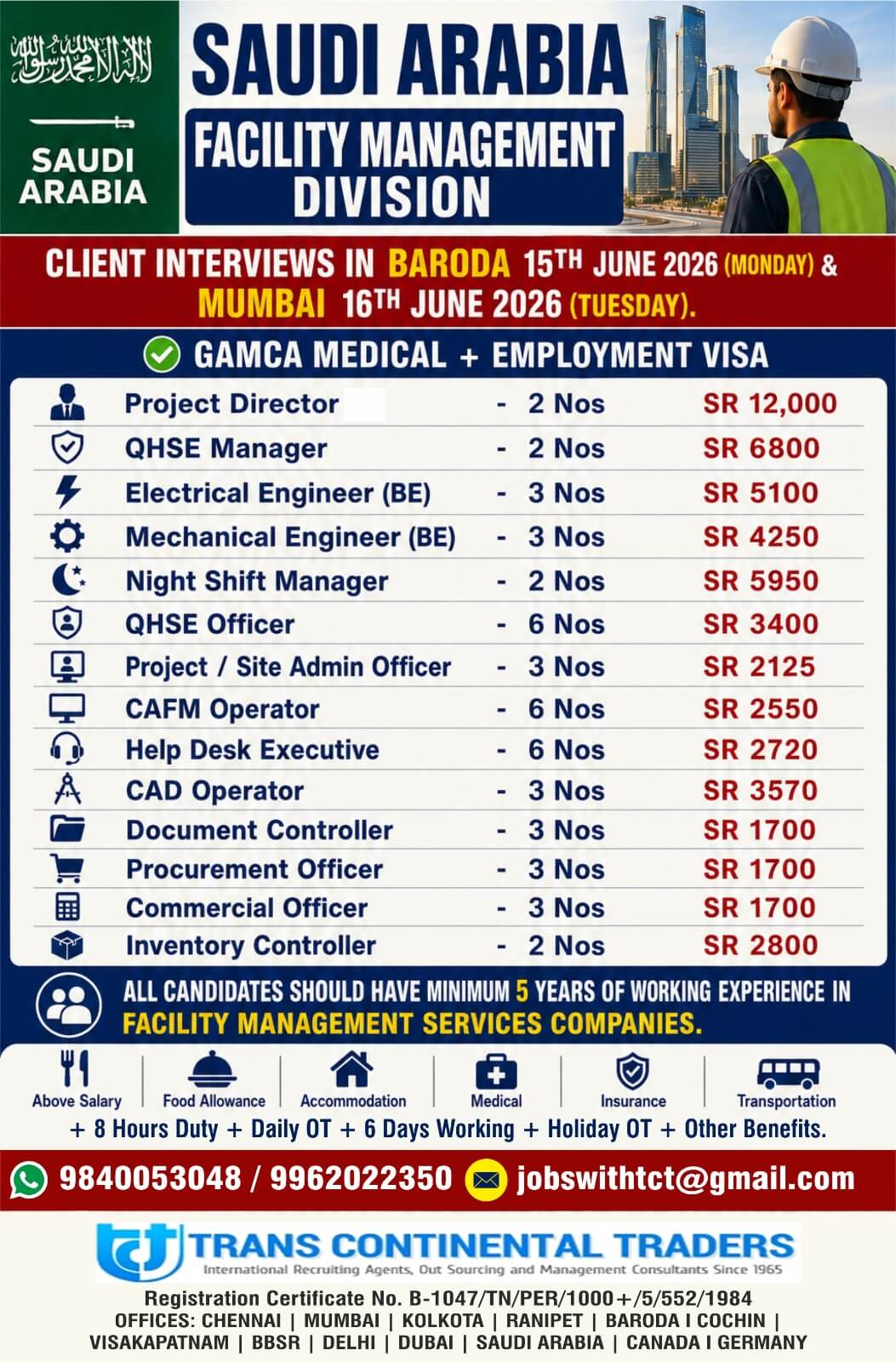 HIRING FOR FACILITY MANAGEMENT DIVISION SAUDI ARABIA | CLIENT INTERVIEWS IN VADODARA 15TH JUNE 2026 | 16TH JUNE 2026 HIRING FOR FACILITY MANAGEMENT DIVISION SAUDI ARABIA | CLIENT INTERVIEWS IN VADODARA 15TH JUNE 2026 | 16TH JUNE 2026