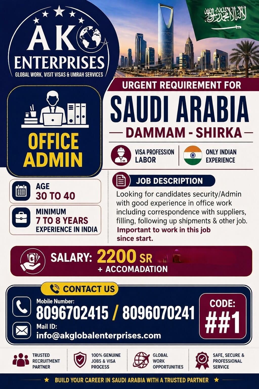 SAUDI ARABIA-DAMMAM-SHIRKA  ONLY INDIAN EXPERIENCE