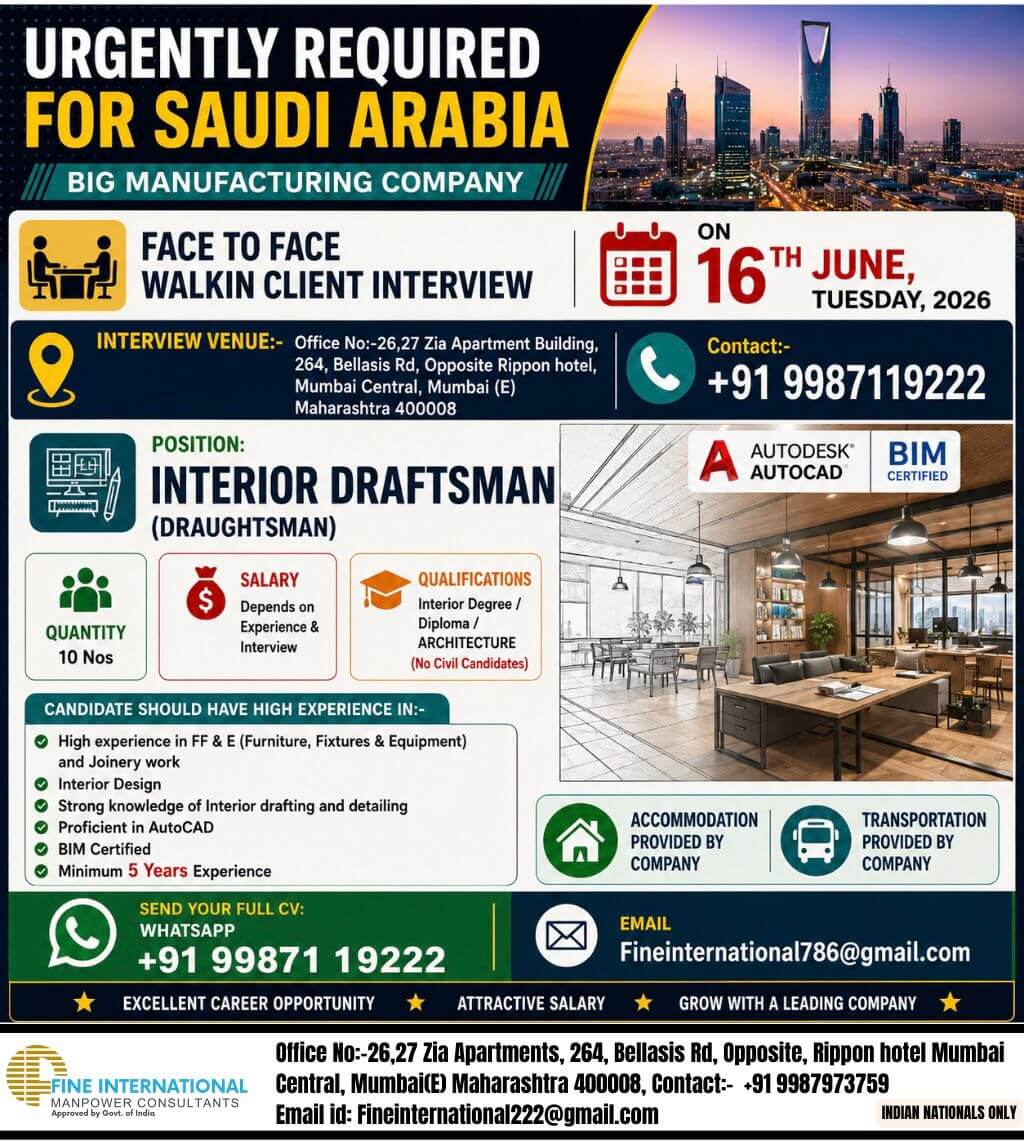 URGENTLY REQUIRED FOR SAUDI ARABIA – BIG MANUFACTURING COMPANY ? FACE TO FACE WALKIN CLIENT INTERVIEW ON 16th JUNE, TUESDAY, 2026 URGENTLY REQUIRED FOR SAUDI ARABIA – BIG MANUFACTURING COMPANY ? FACE TO FACE WALKIN CLIENT INTERVIEW ON 16th JUNE, TUESDAY, 2026