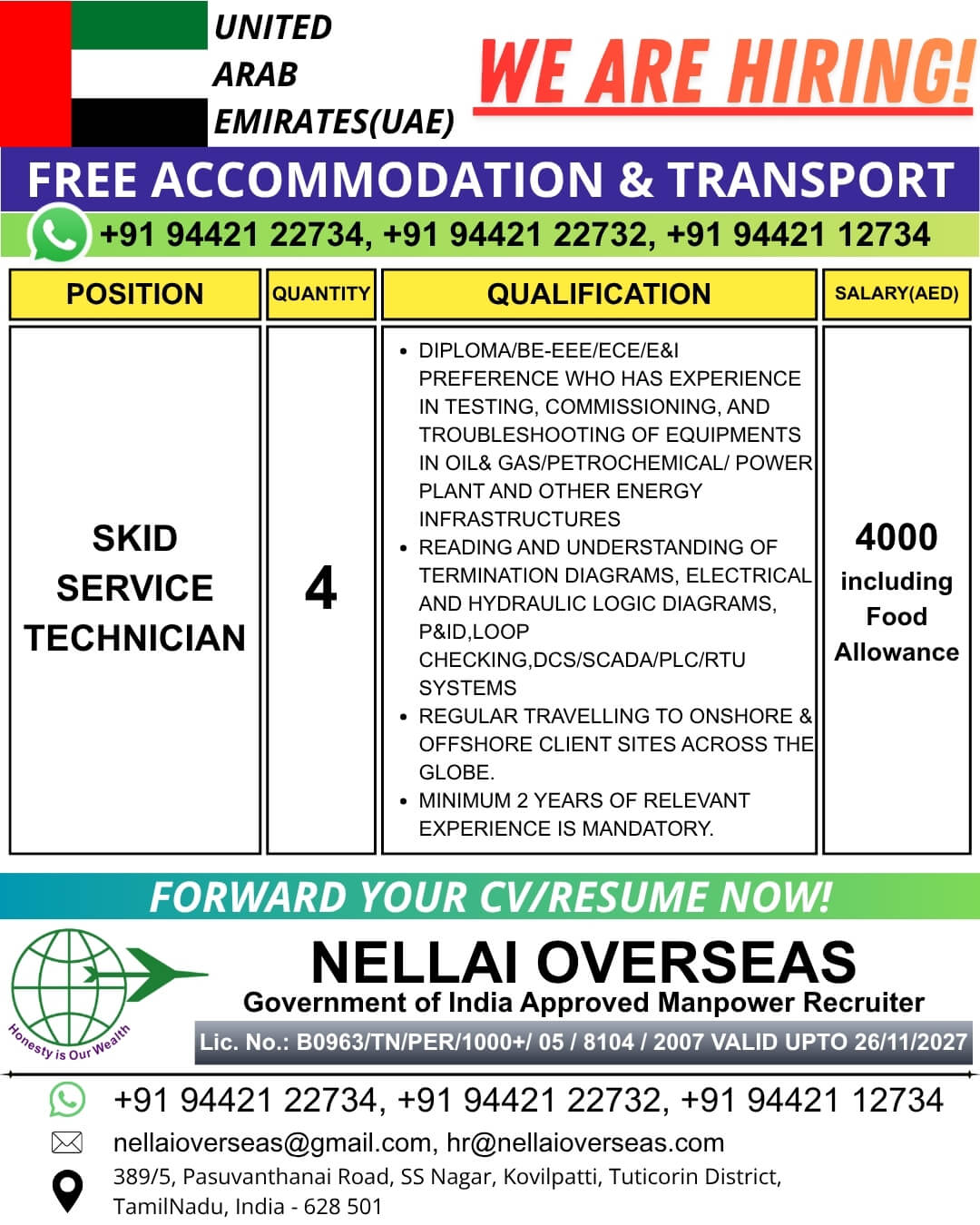 SERVICE TECHNICIAN - SKID FOR UAE