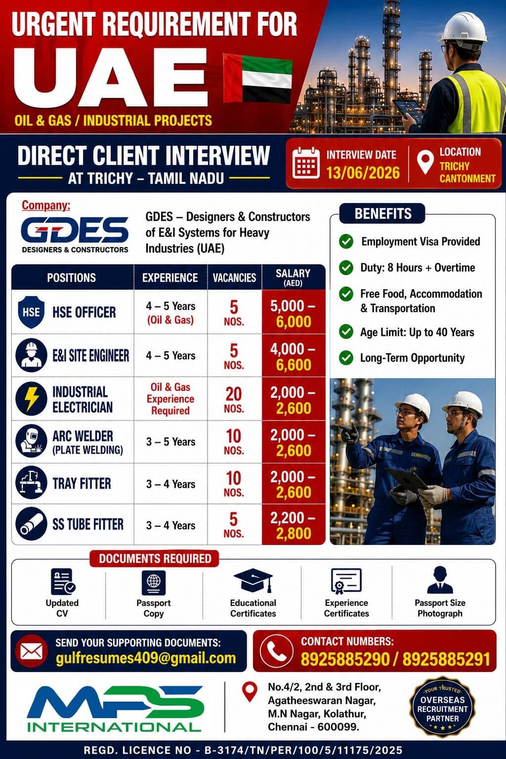 URGENT REQUIREMENT FOR UAE OIL & GAS / INDUSTRIAL PROJECTS  DIRECT CLIENT INTERVIEW  AT TRICHY – TAMIL NADU  Interview Date: 13/06/2026  Location: Trichy Cantonment